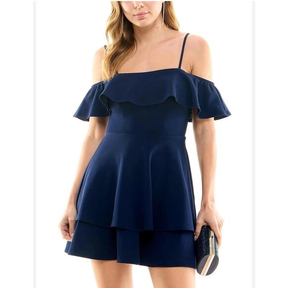 Navy Juniors Womens Ruffled Off-The-Shoulder Cocktail and Party Dress - Picture 1 of 6